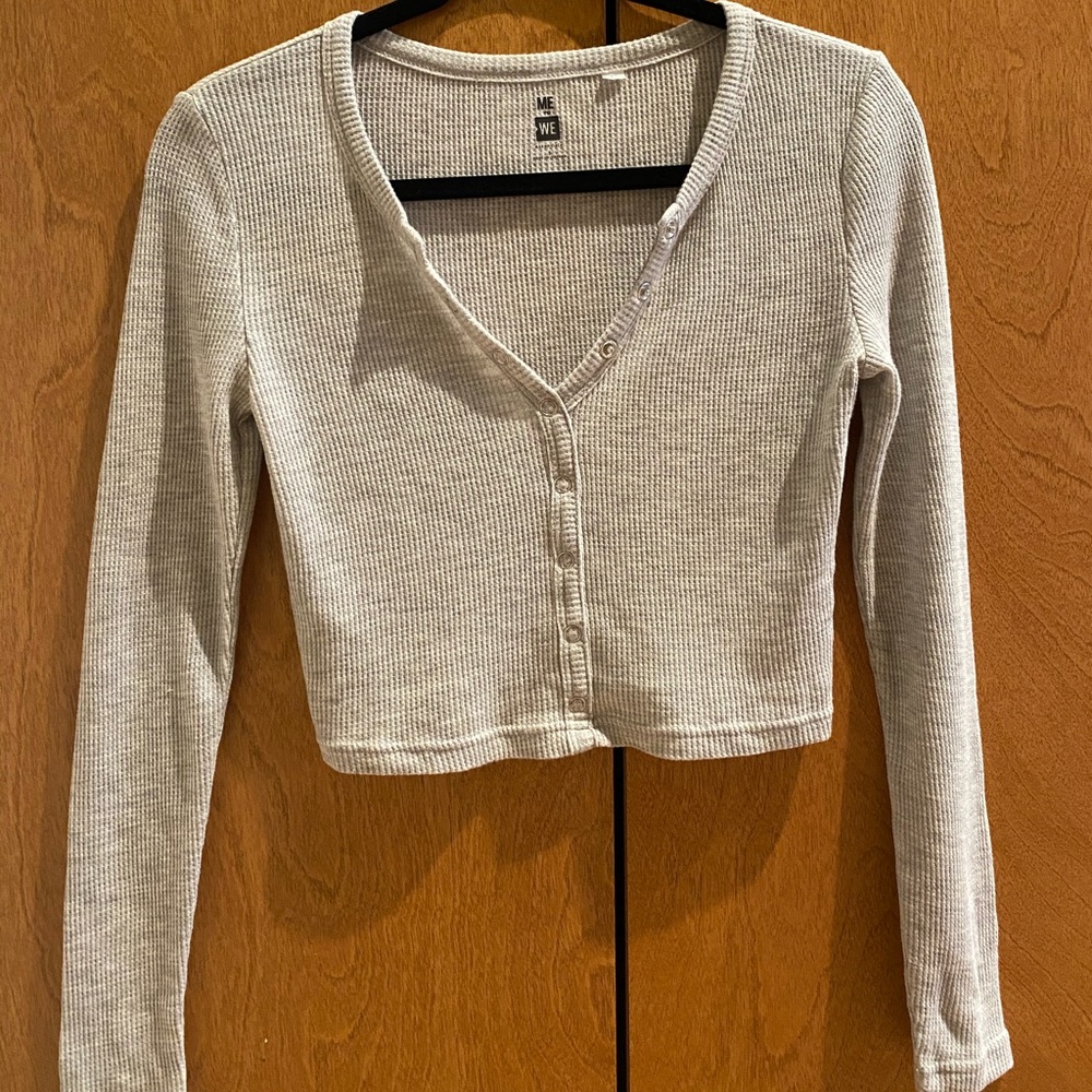 Grey Cropped Waffle Top